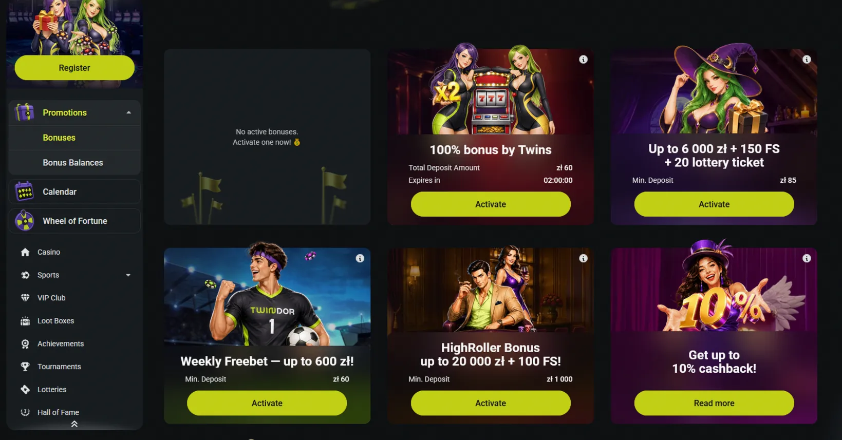 Twindor Bonusseite mit 100 % Bonus von Twins, Einzahlungsboni, Freebet, HighRoller Bonus und Cashback