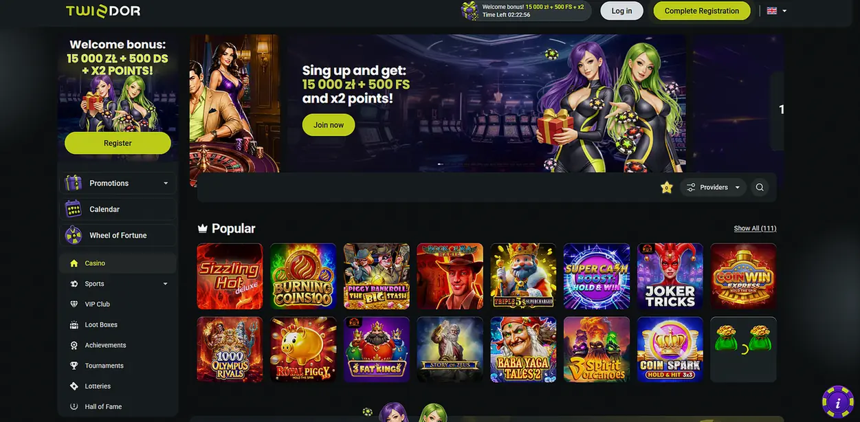 Twindor Casino Lobby mit Willkommensbonus von 15.000 zł, 500 Freispielen und beliebten Slots
