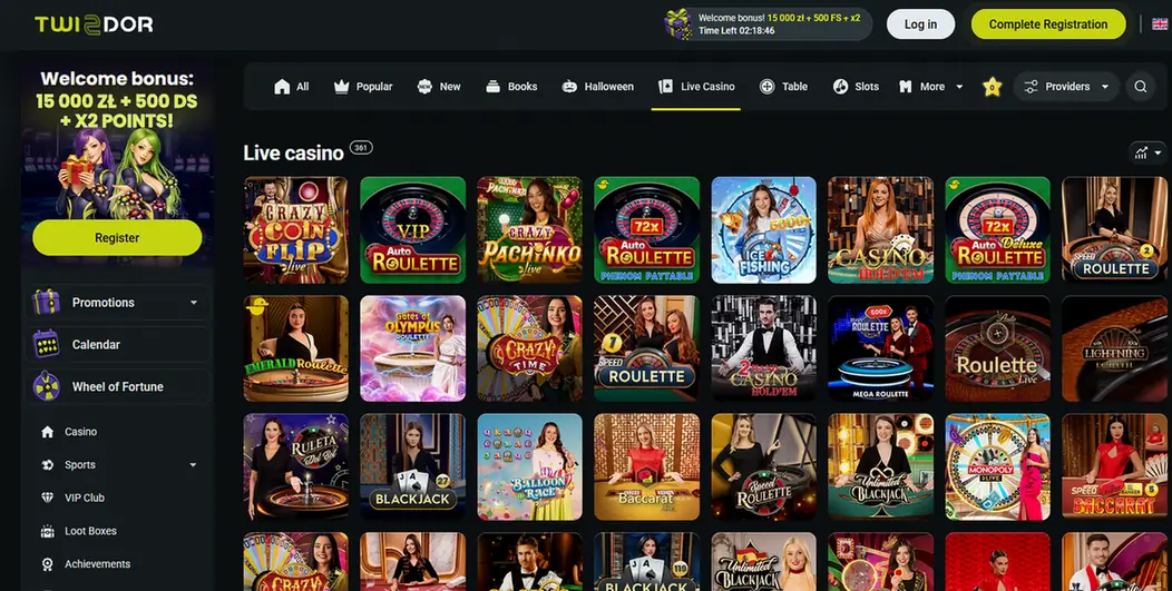 Twindor Live Casino mit 361 Tischen: Auto Roulette, Crazy Time, Monopoly Live und Baccarat